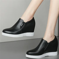 8cm high heel creepers women breathable genuine leather hidden wedges ankle boots female round toe fashion sneakers casual shoes
