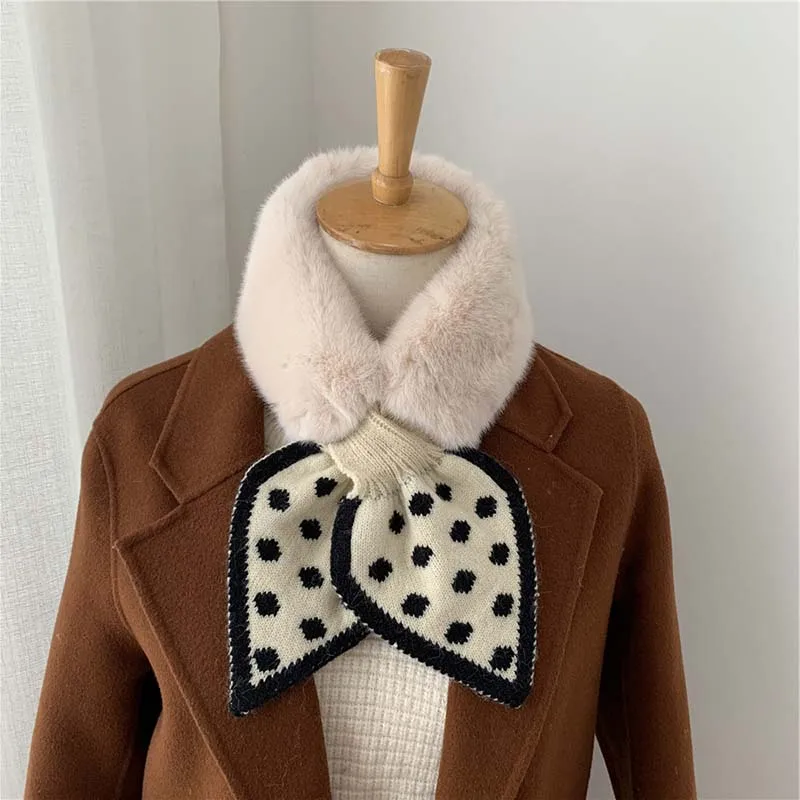 

Cross Small Neckerchief Plush Scarf Female Faux Rabbit Fur Neck Collar Scarves Love Heart Dot Printed Winter Knitted Scarf