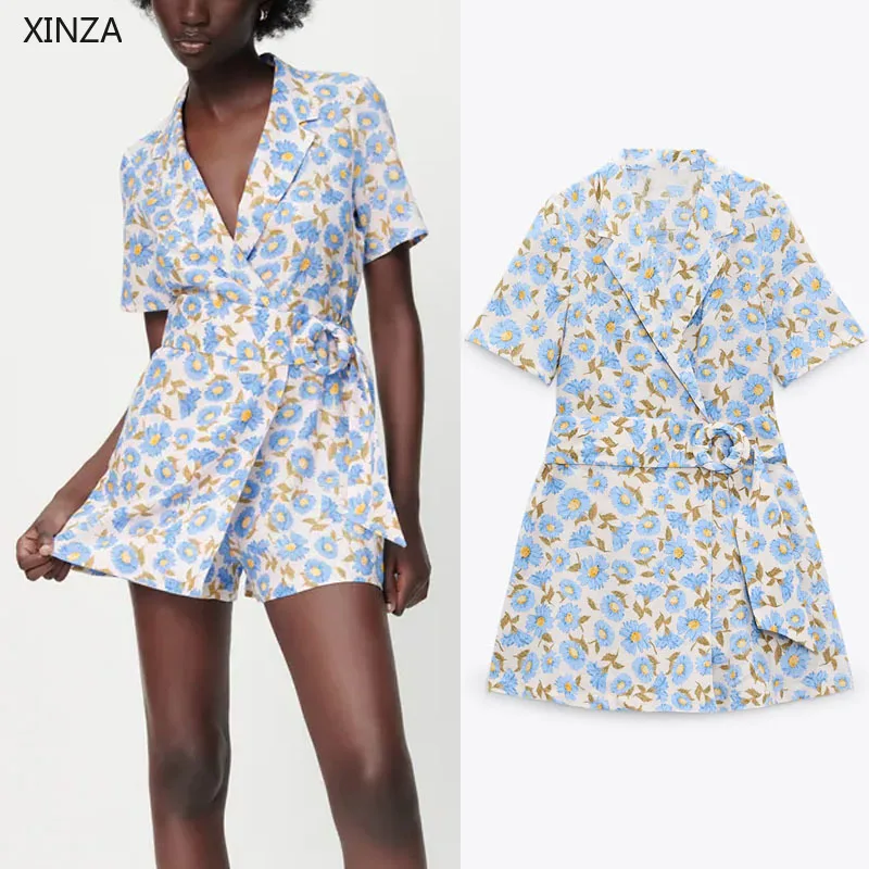 

Женский Короткий комбинезон с цветочным принтом Za, винтажный комбинезон с коротким рукавом и поясом, двубортный Летний комбинезон на пугов...
