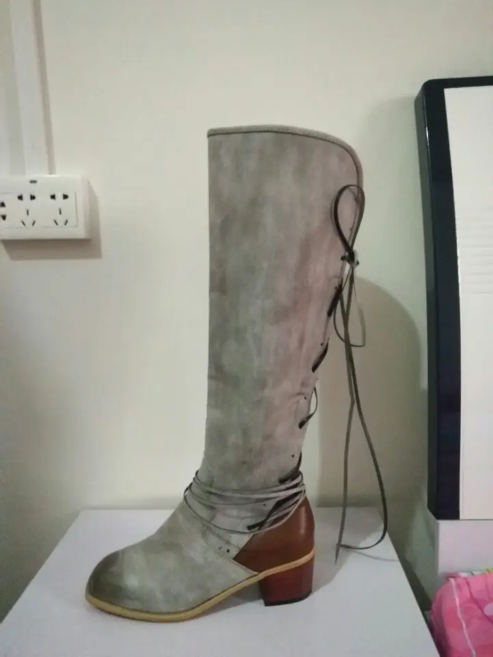 Feminino/женские ботинки винтажные сапоги до колена из искусственной кожи женская обувь в гладиаторском стиле с перекрестной шнуровкой для девочек - Цвет: Light gray plus brow