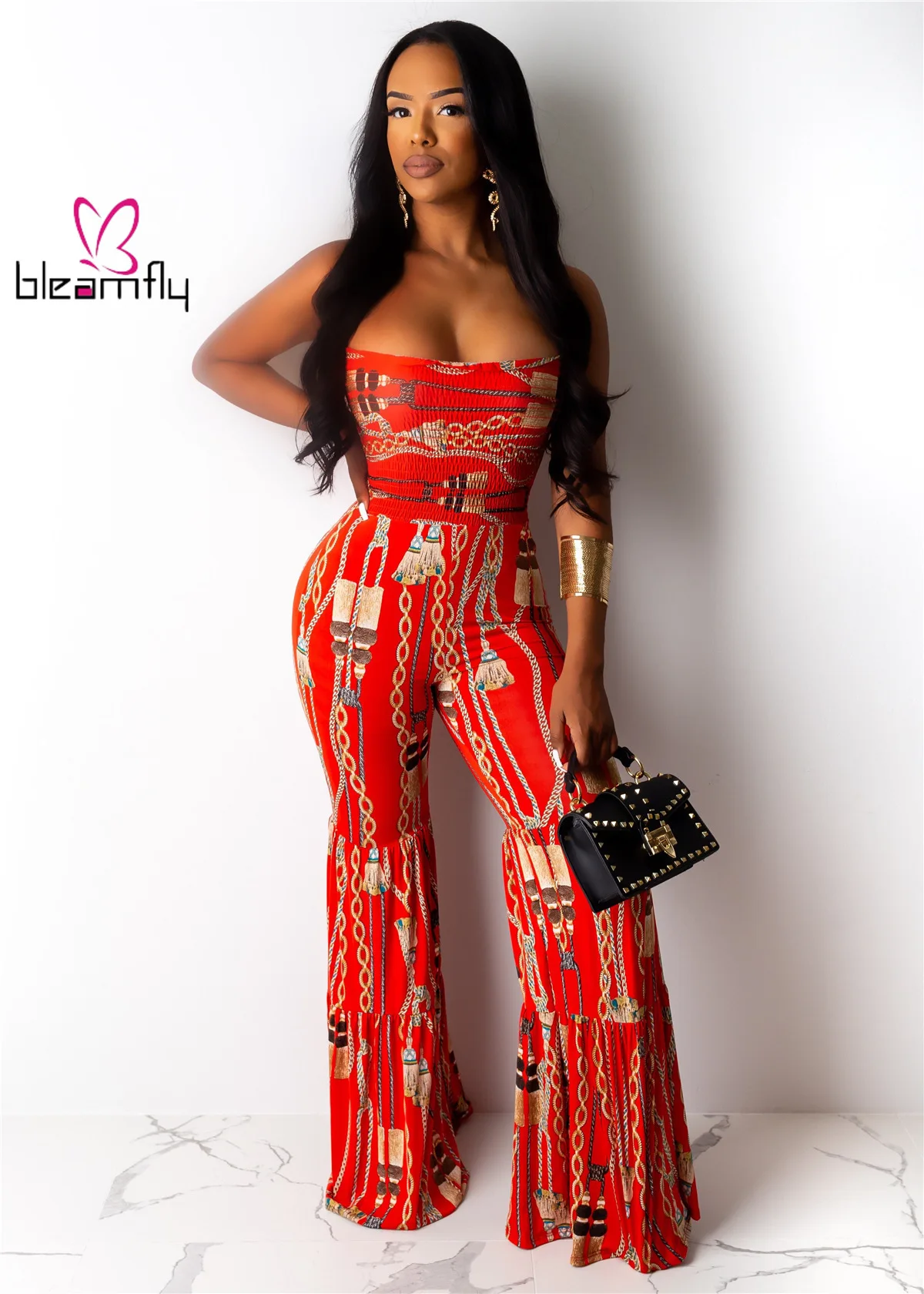 2019 Женский Летний комбинезон без бретелек с цепочкой принтом оборками длинный