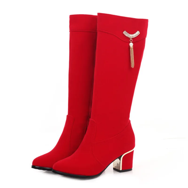 

Fanyuan Autumn Winter Knee High Boots Women Black Red Women's High Boots Luxury Low Heels Long Boots Fashion Party Shoes Female