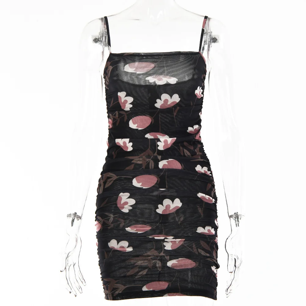 

Dulzura Sling 2021 Summer Floral Print Sleeveless Bodycon Slim One Shoulder Mini Skinny Women Fashion Dress