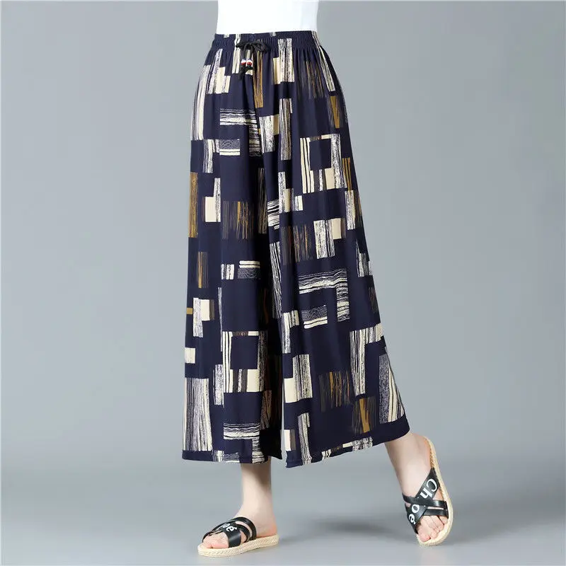 

Women 2021 Spring Summer Fashion Middle-aged Printed Trousers Female New Loose Wide-leg Pants Ladies High Waist Thin Pants E14