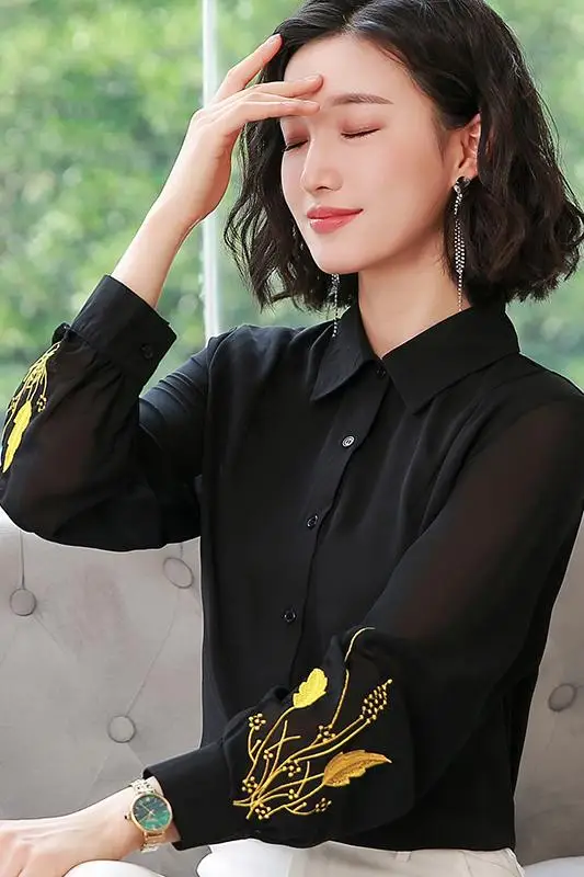 

Houthion New Long-sleeved Women's Blouse Casual Summer Shirt Comfortable Fashion Tops Polo Collar Chiffon Embroidery