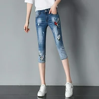 women capris pants summer embroidery pencil denim pants calf length pant female stretch slim skinny mid waist jeans y2k