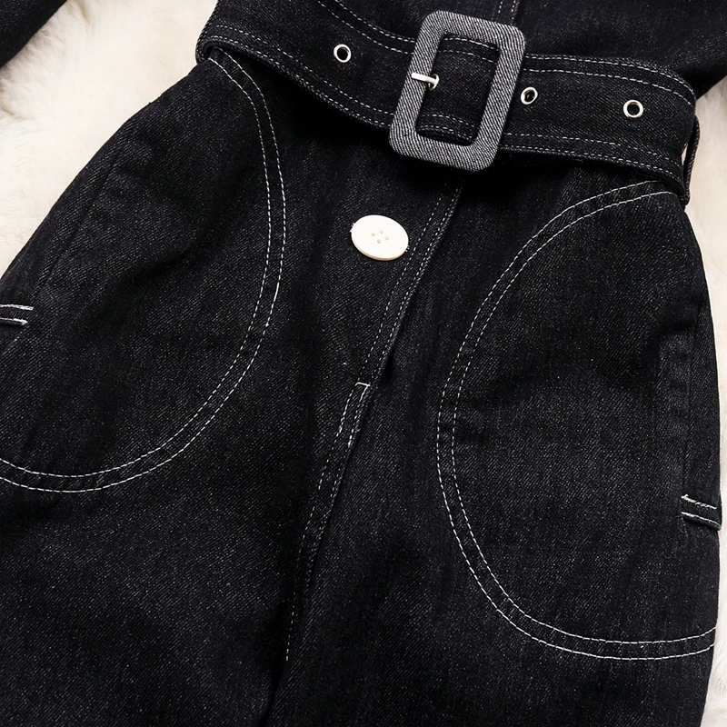 

Denim jumpsuit women 2021 spring high waist long sleeve stitching fashion casual loose cargos jumpsuit women sashes rompers
