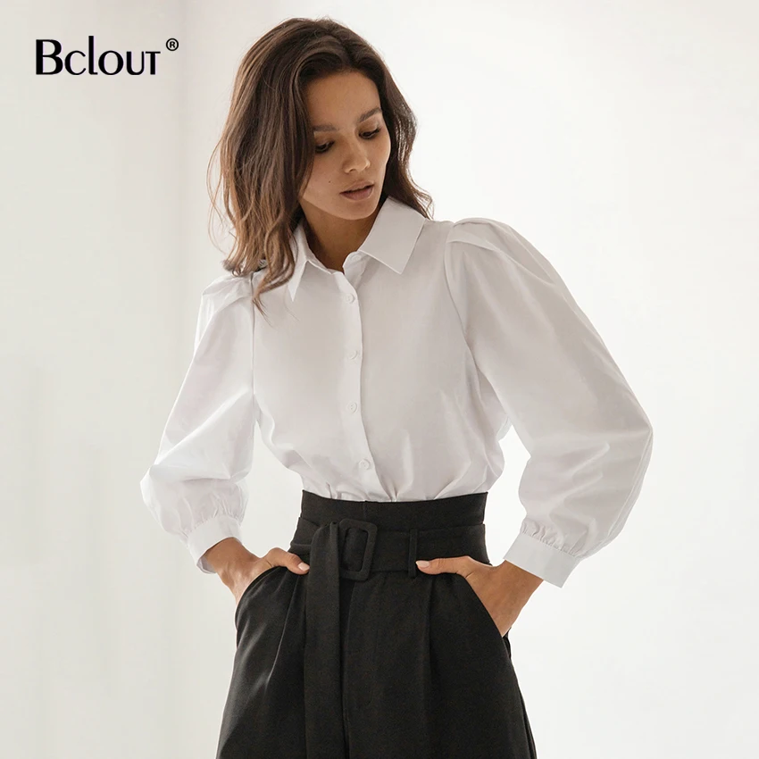 

Белая элегантная рубашка Bclout с рукавами-фонариками, офисные женские плиссированные хлопковые блузки для женщин, однотонные винтажные одно...