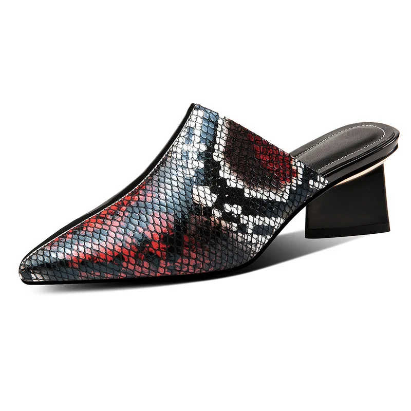 

Snakeskin Cover Toe Mules For Women 2021 Flat Shoes Female Ladies' Slippers Pantofle Multicolored Sandals Square heel New Block