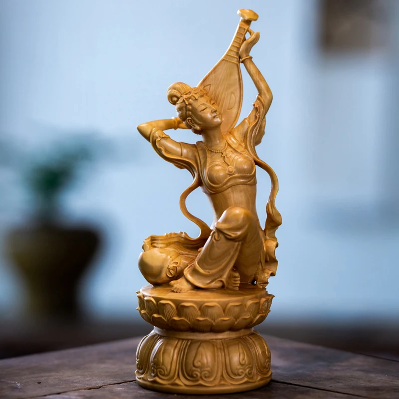 

Dunhuang Fairy Playing The Pipa Wood Carving Solid Wood Sculpture Feng Shui Crafts Beauty Home Decoration