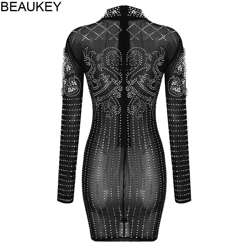 

BEAUKEY 2020 Long Sleeves Sexy Black Bandage Dress Bodycon Women Pearl Beaded Mesh High Quality Party Club Twinkling Star Dress