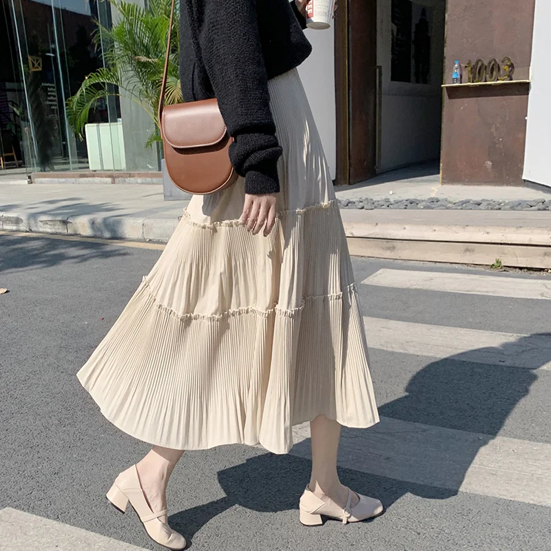 Осенние однотонные элегантные плиссированные длинные юбки в стиле