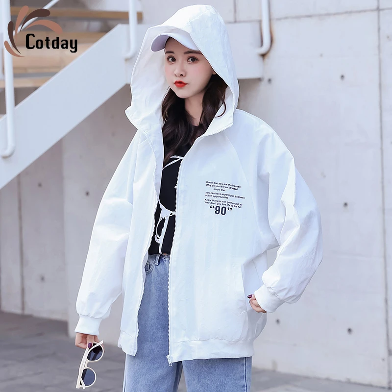 

Cotday Cartoon Loose Plus Size Korea Style White Harajuku Windbreaker 2020 New Student Spring Jacket Women Oversized Coat