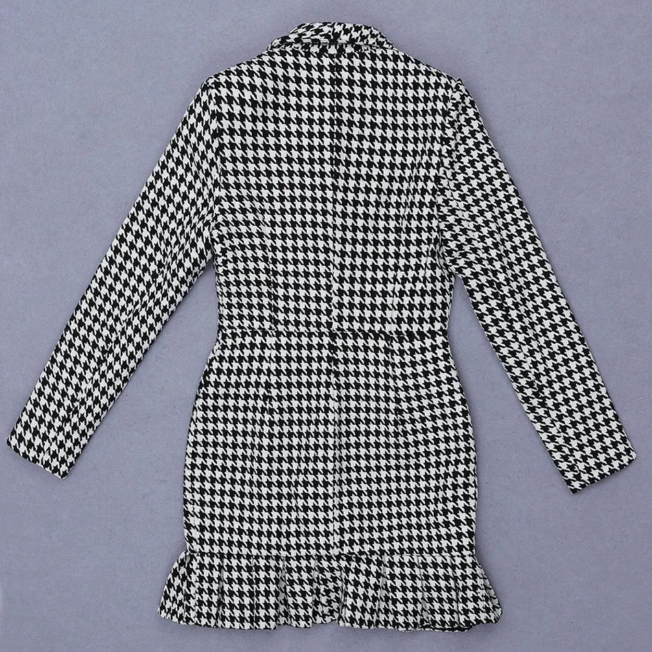 

Free Shipping Ladies Tweed Dress 2020 Fashion Lapel Long Sleeve Black Ruffled Houndstooth Dress Autumn Retro Thick Plaid Dresses