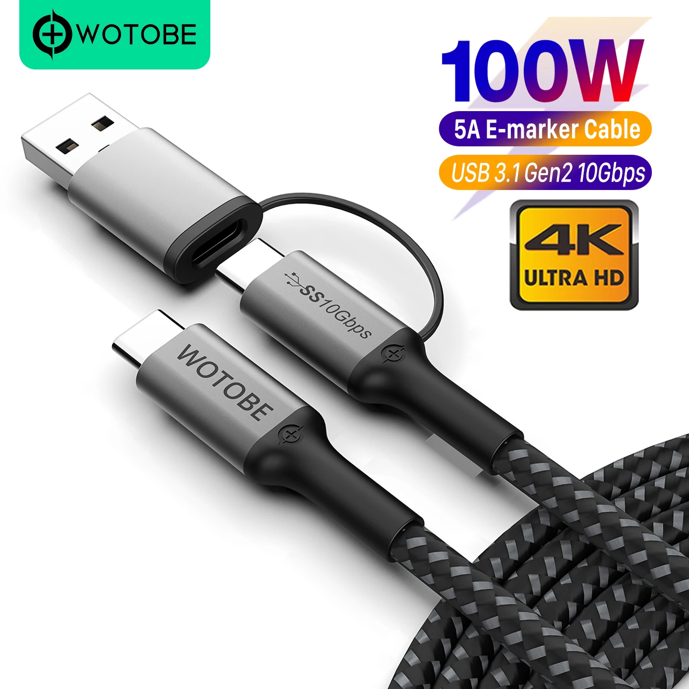 2 в 1 кабель USB C к 3 м 10 футов 5A PD 100 Вт Gen2 Гбит/с 4K 60 Гц нейлоновый для MacBook xiaomi HP DELL
