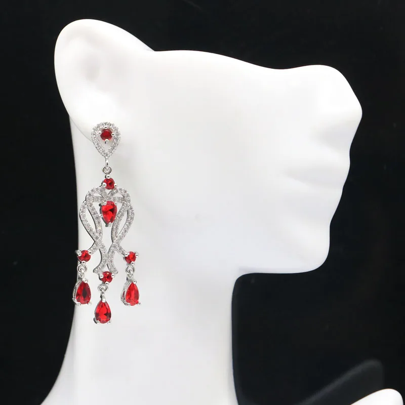 

55x15mm SheCrown Romantic Red Blood Ruby Green Peridot White CZ Gift For Ladies Silver Earrings