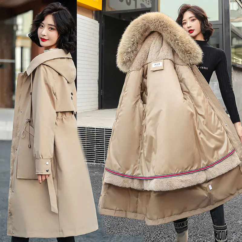 

Модные Длинные парки, пальто, зимняя женская куртка, меховая парка с капюшоном, пальто со съемной подкладкой, с регулируемой талией, меховой воротник, хлопковые парки