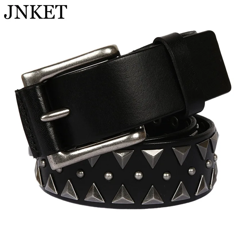 JNKET Fashion Men Cow Leather Waist Belt Rivet Waistband Casual Belt Pin Buckle Belt Cinturon