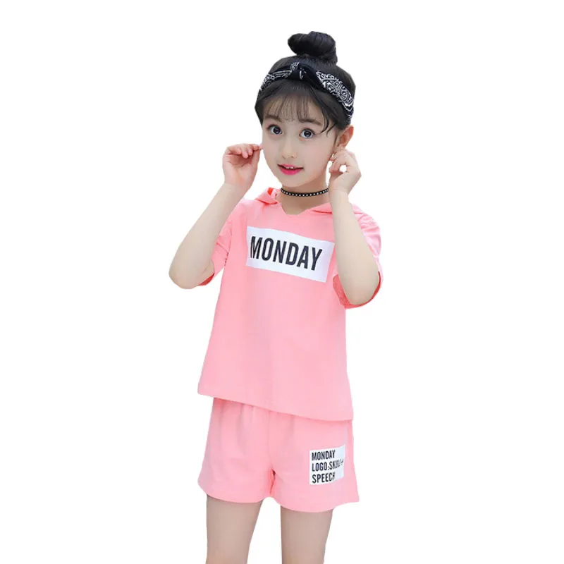 

Summer girl clothes letter printing fashion hooded sweatshirt jacket + half-length pants two-piece 3-10 y child quality clothing