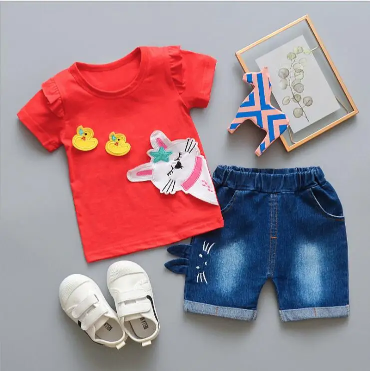 Baby Girls Clothing Sets Kids Summer Clothes Set Children Fashion Cartoon Cotton T-shirt+jeans 2pcs for Toddler 2020 New | Детская