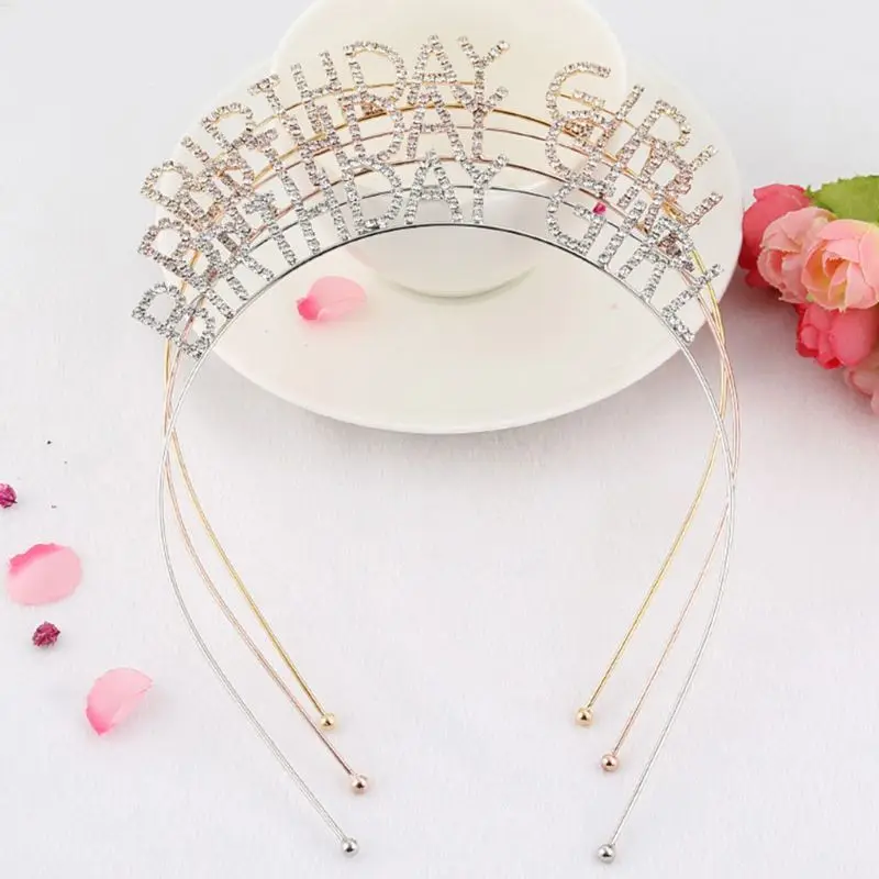 

Women Girls Metal Alloy Thin Headband Imitation Crystal Rhinestone Birthday Letters Hair Hoop Party Styling Crown Photo Props