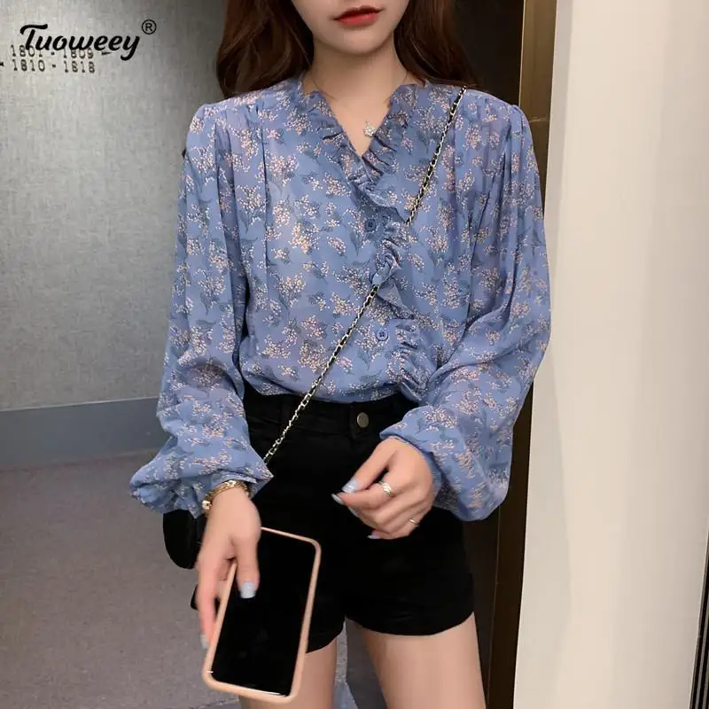 

Female Single-breasted Lantern Sleeve Thin Stitching Simple Blouse Long-sleeved V-neck Floral Print Chiffon Shirt Womne Spring