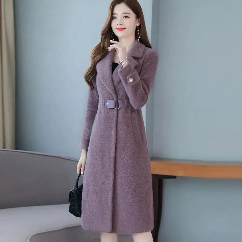 Fashionable Warmth Imitation Mink Velvet Slim Coat Women's Winter 2023 New Slim Mid-Length Imitation Gold Mink Jacket M238