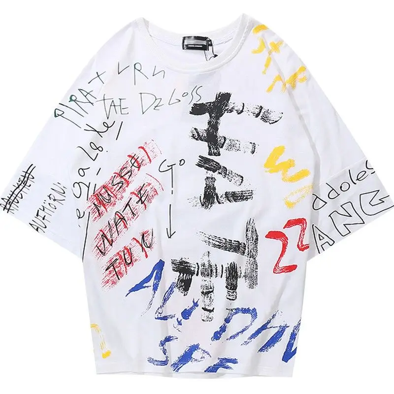 

Street fashion graffiti 7 / 2 sleeve hip hop Harajuku loose short sleeve t-shirt men's fashion top half sleeve
