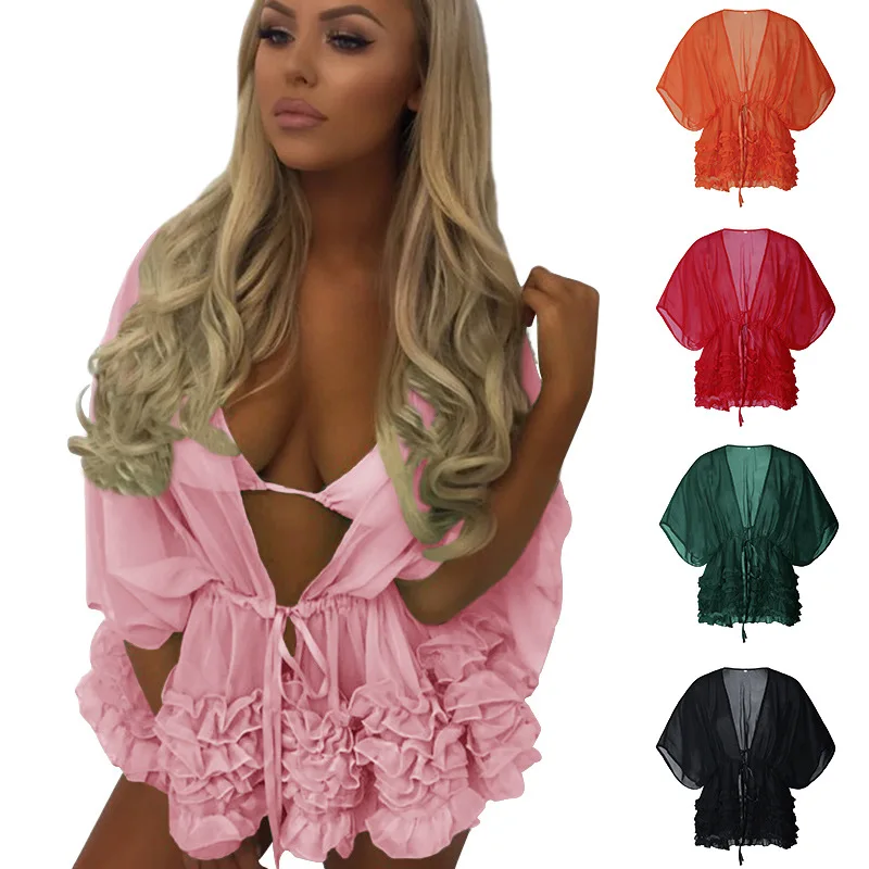 

Лидер продаж 2019, купальник бикини, однотонный шифоновый купальник с рукавом летучая мышь, блузка