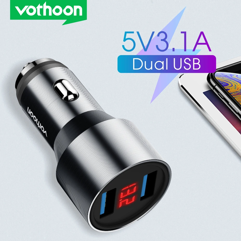 Автомобильное зарядное устройство Vothoon со светодиодным дисплеем и двумя USB