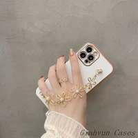 luxury plating metal pearl flower chain soft case for iphone 13 12 pro max mini 11 promax x xs max xr 6s 7 8 plus se 2020 cover