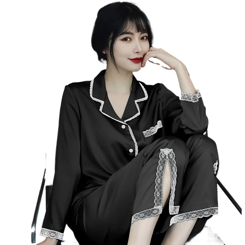 2021 New Spring and Summer Pajamas Women's Sexy Sleepwear Long Sleeve Suit Korean Black Lace Fashion Home Clothes Nightwear