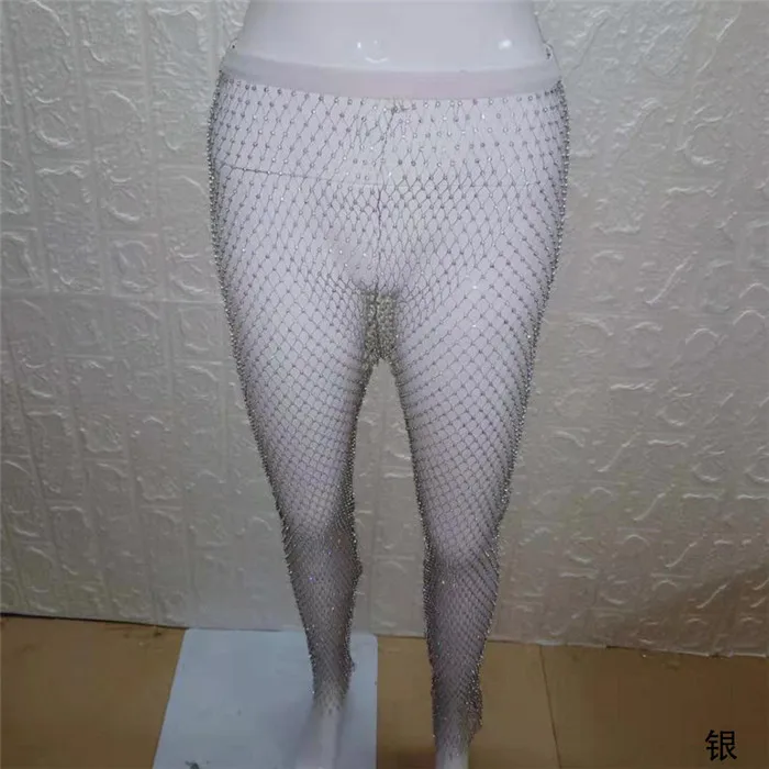 Silver 110CM Блестящие хрустальные стразы, ажурные сексуальные штаны-туника, женские длинные штаны, сетчатые прозрачные Клубные вечерние штаны - Цвет: Silver 110CM