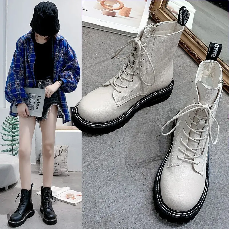 

2020 Autumn Women's Leather Side Zipper Boots Velvet Winter Warm Women's Boots Fashion Women's Chunky Sneakers Motorcycle Boots