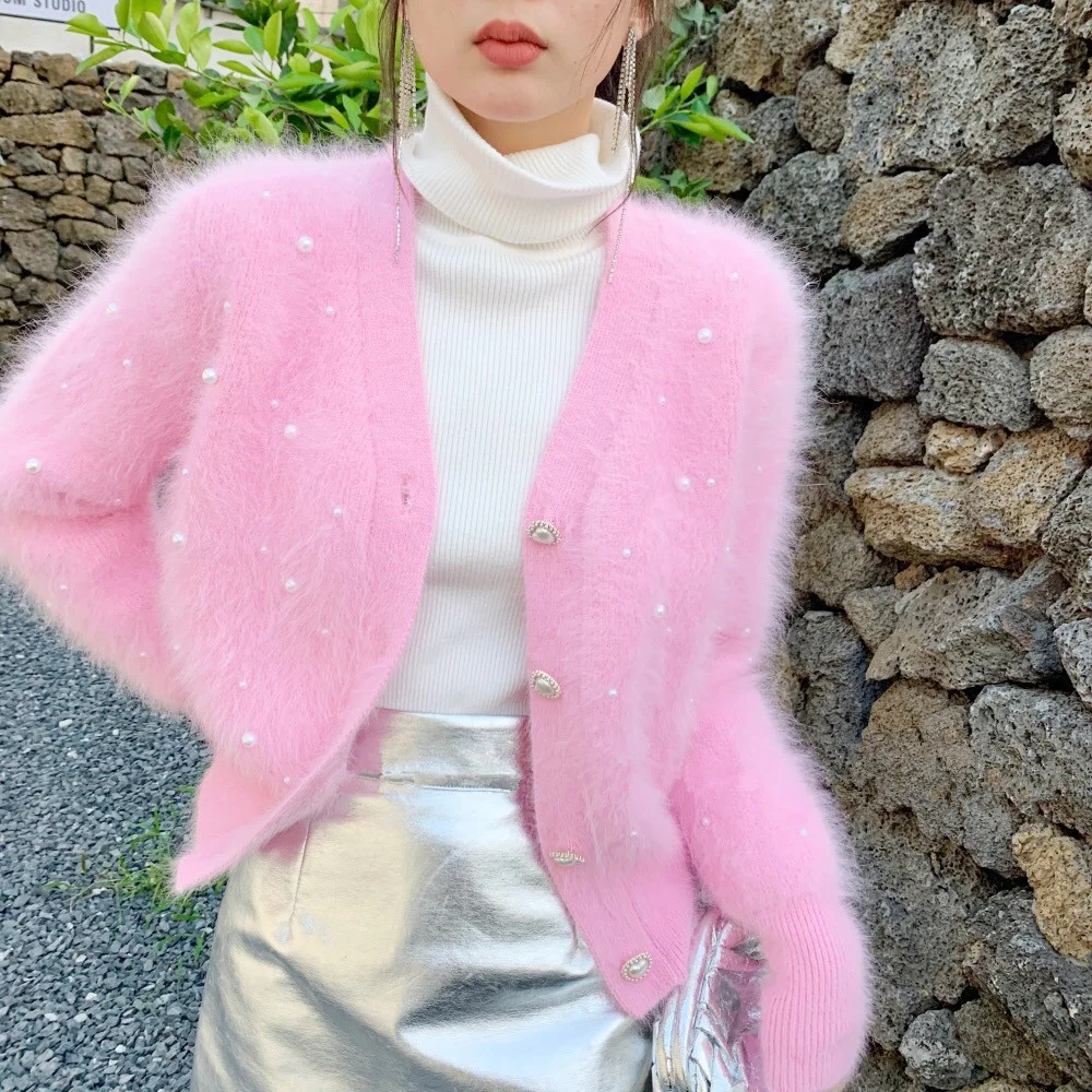 

Korea Fashion Pearl Imitation Mink Cashmere Sweater Women Autumn New Retro Lantern Long Sleeve Knitted Cardigan Sweater Coat