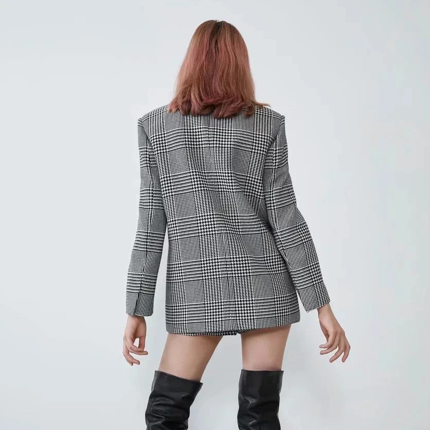 Женский твидовый пиджак ZA style повседневный винтажный в клетку шерстяной с узором