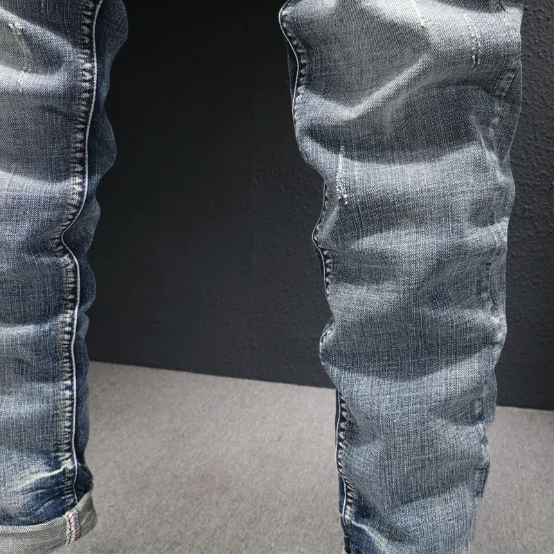 European Vintage Fashion Men Jeans Retro Light Gray Blue Elastic Slim Fit Ripped Jeans Men Korean Designer Casual Denim Pants