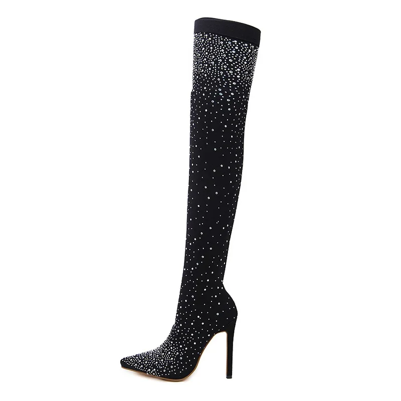 

Fashion Sock Boots Runway Crystal Stretch Fabric Pointy Toe Over-the-Knee Heel Thigh High Pointed Toe Woman Boot