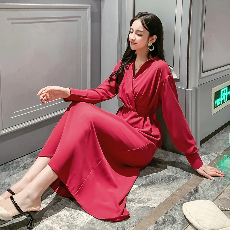 REALEFT осеннее элегантное женское платье рубашка с высокой талией и v образным