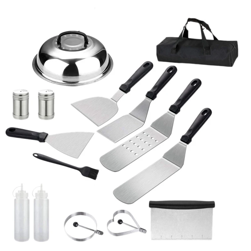 

Популярные аксессуары для гриля, 16 шт., шпатель для гриля из нержавеющей стали для литья, гамбургеров Teppanyaki, сумка для готовки, подарок шеф-по...