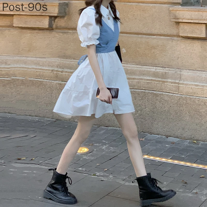 

2 Piece Set Women Summer High Waist Dress 2022 Denim Camisole + Mini Dress Elegant Puff Sleeve A-line Dress Vintage Slim Dresses