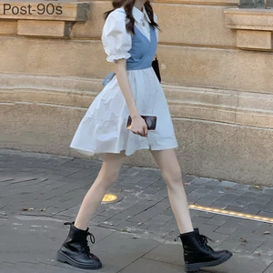 2 Piece Set Women Summer High Waist Dress 2022 Denim Camisole + Mini Dress Elegant Puff Sleeve A-line Dress Vintage Slim Dresses