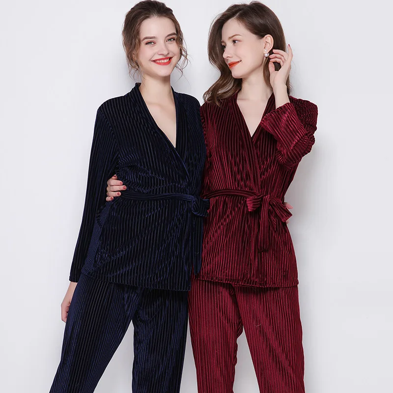 Осенне-зимние Бархатные пижамы для женщин теплая одежда сна с v-образным вырезом