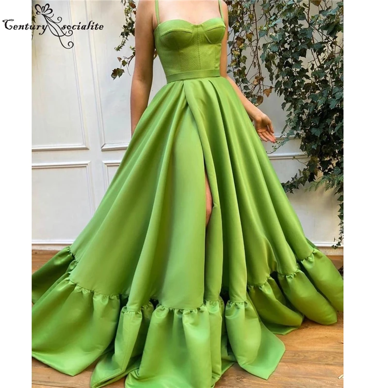 Зеленое Атласное платье для выпускного вечера длинное официальное с разрезом