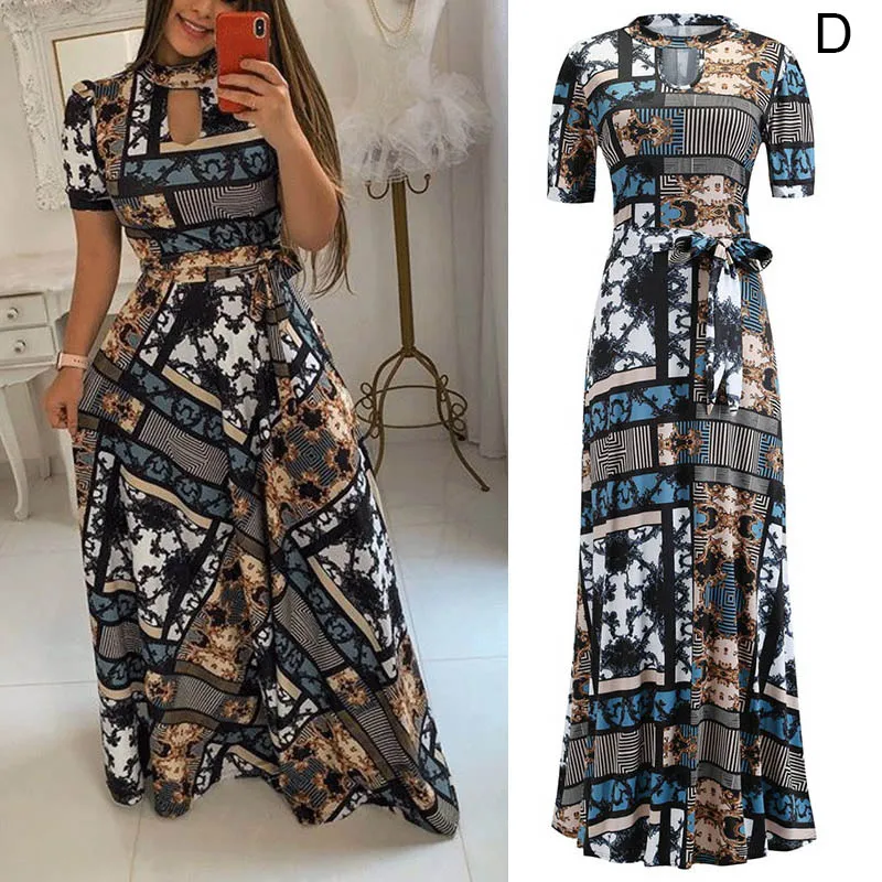 

Женское Макси-платье в стиле бохо, длинное летнее платье с цветочным принтом, вырезом-капелькой и коротким рукавом, SMA66, 2019