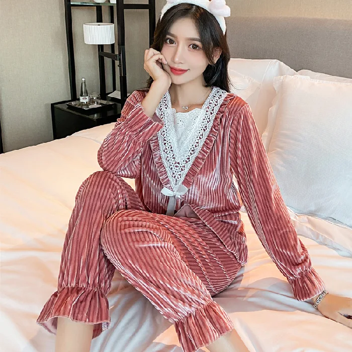 

Women Nightwear Pajama Set Winter Japanese Korean Sweet Fashion Lace 2 Piece Pajama Set Roupa De Dormir Sexy Feminina