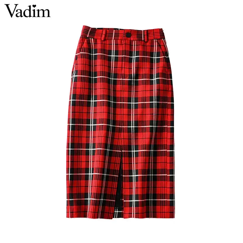 Vadim Женская стильная красная клетчатая юбка миди с карманами на молнии прямая
