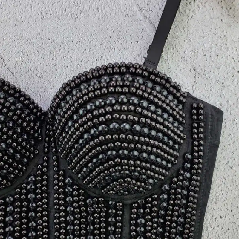 

Summer Fashion Sexy Slash Neck Backless Solid Hollow Out Pearl Bead Slim Short Vest Women