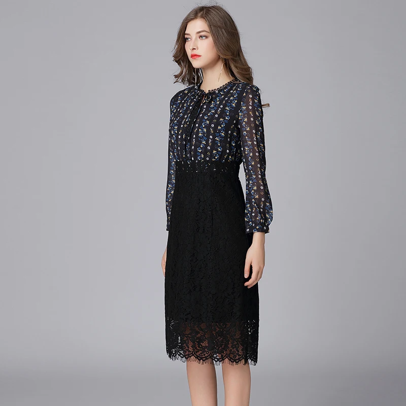 

2020 New Arrival Spring High Street Style dress Plus Size Print Lace Up O-Neck Tank Black Chiffon Spliced Women Dress 16083
