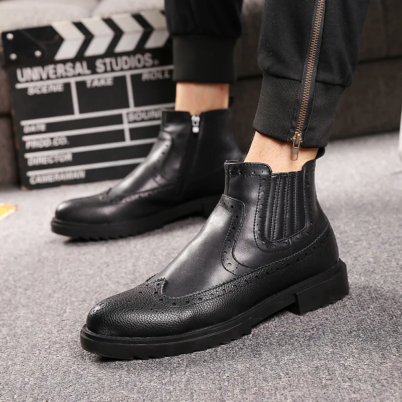 

men luxury fashion party nightclub dresses cow leather boots carving brogue shoes vintage bullock chelsea boot ankle botas male